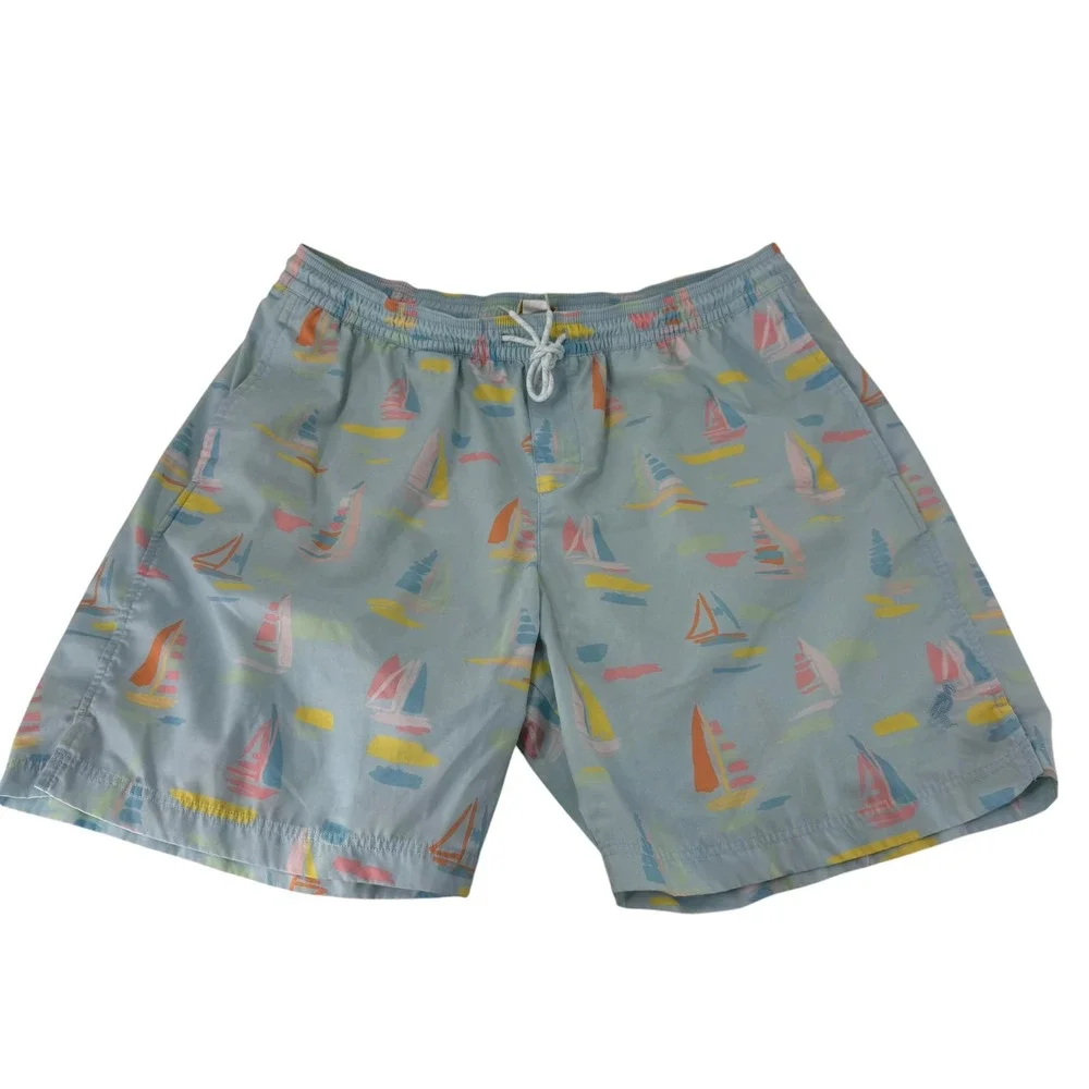 The Beaufort Bonnet Company Mens Sailboat Swim Trunks Blue Pastel Shorts‎ Sz XL